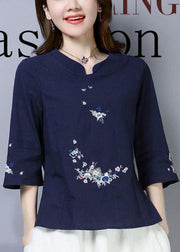 Natural Navy Embroideried Oriental Cotton Linen Shirts Summer - bagstylebliss