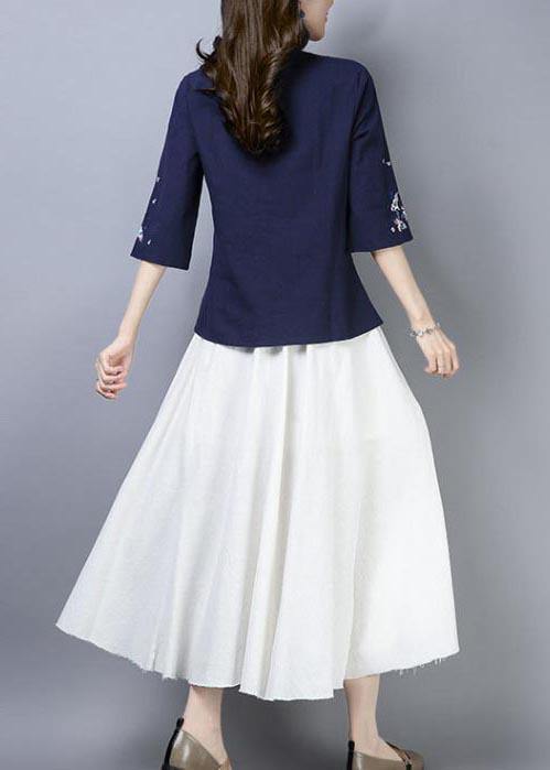Natural Navy Embroideried Oriental Cotton Linen Shirts Summer - bagstylebliss