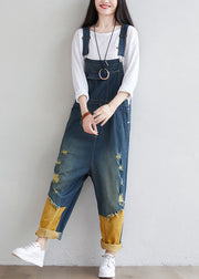 Natural Navy Patchwork Tasseled Denim Jumpsuit Spring