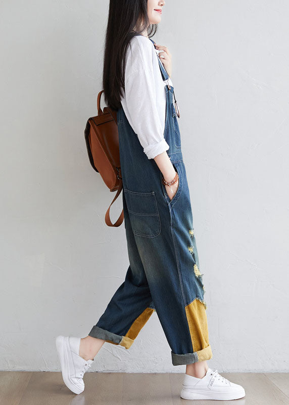 Natural Navy Patchwork Tasseled Denim Jumpsuit Spring