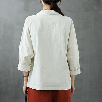 Natural Notched Button Down fall Blouse Shirts white shirt - bagstylebliss