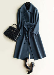Natural Notched tie waist Fashion Woolen Coats women blouses blue silhouette outwears - bagstylebliss