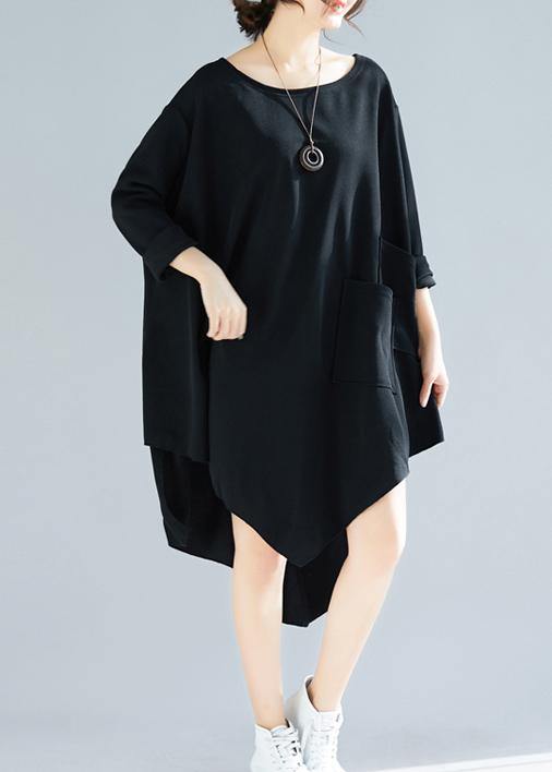 Natural O Neck Asymmetric Tunic Dress Fabrics Black Maxi Dresses - bagstylebliss