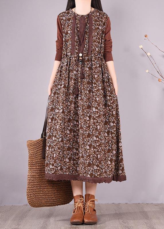 Natural O Neck Lace Spring Clothes Design Chocolate Print Maxi Dress - bagstylebliss