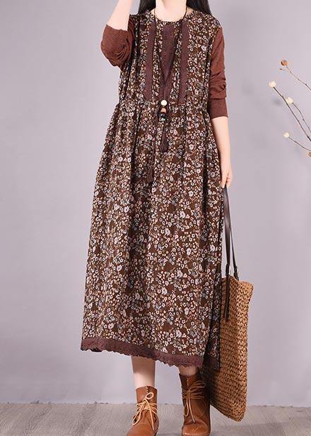 Natural O Neck Lace Spring Clothes Design Chocolate Print Maxi Dress - bagstylebliss