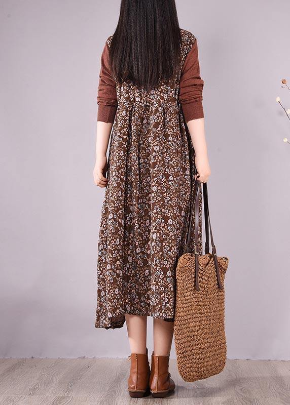Natural O Neck Lace Spring Clothes Design Chocolate Print Maxi Dress - bagstylebliss