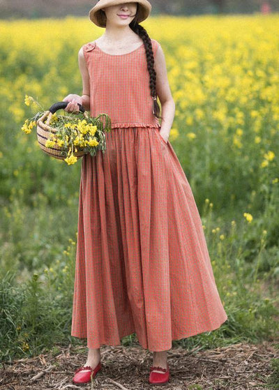 Natural O-Neck Summer Wardrobes Outfits Orange Plaid Sleeveless Dresses - bagstylebliss