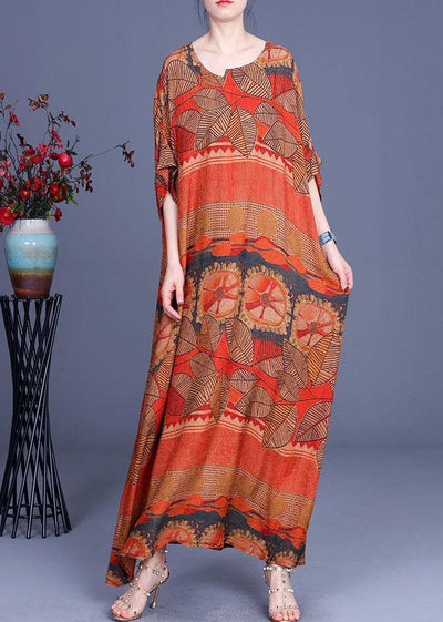 Natural Orange Print O-Neck Asymmetrical Design Summer Silk Maxi Dresses - bagstylebliss