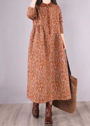 Natural Orange Print Patchwork Fine Cotton Filled Dresses Winter