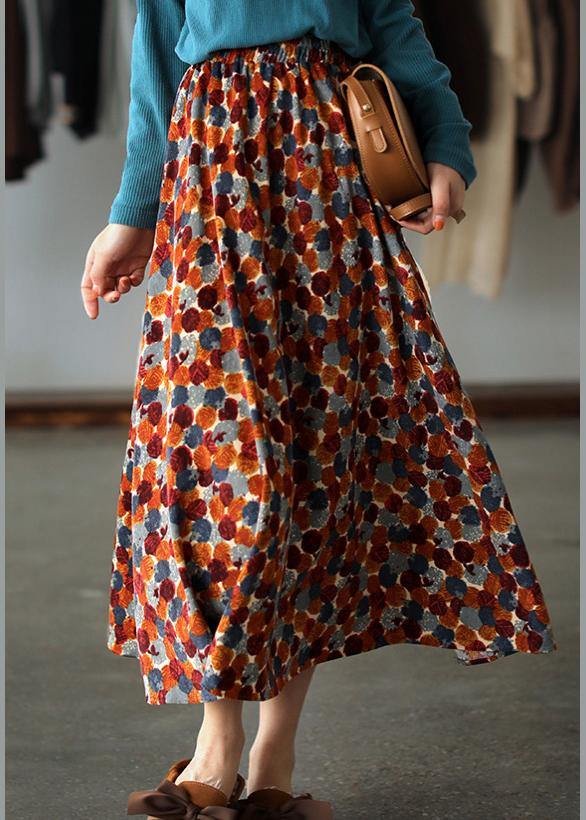 Natural Orange Print Quilting Skirt Elastic Waist Robes Spring Skirt - bagstylebliss
