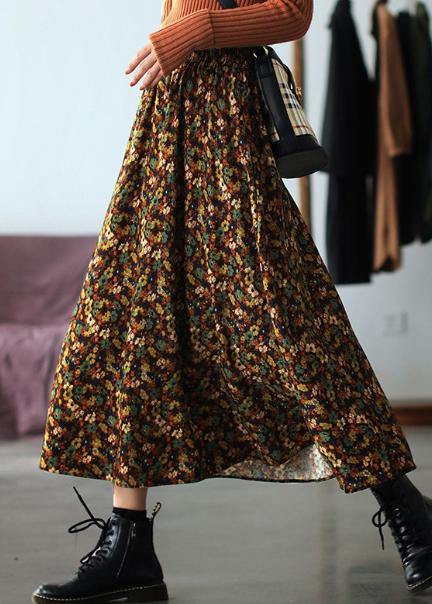Natural Orange Print Quilting Skirt Elastic Waist Robes Spring Skirt - bagstylebliss
