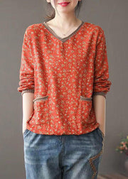 Natural Orange Print V Neck Patchwork Cotton Tops Fall