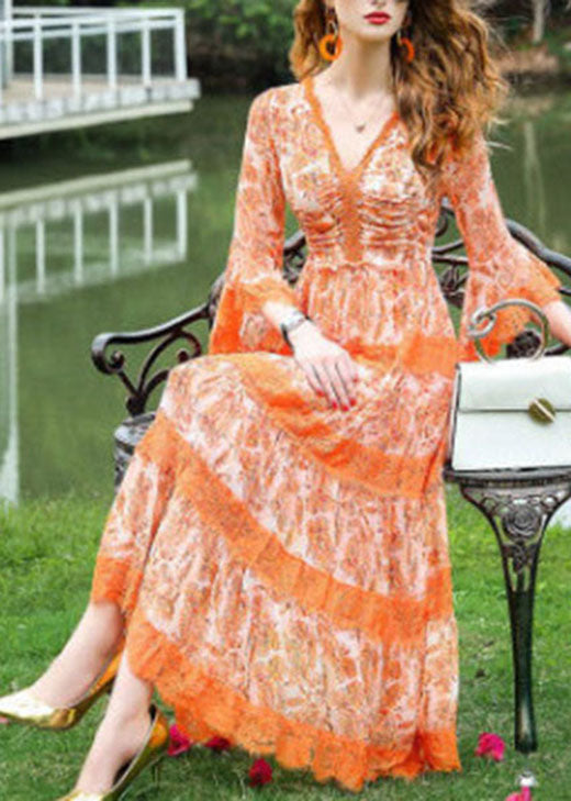 Natural Orange V Neck Print Long Dress Spring