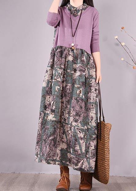 Natural Patchwork Spring Clothes Fabrics Purple Print Loose Dress - bagstylebliss