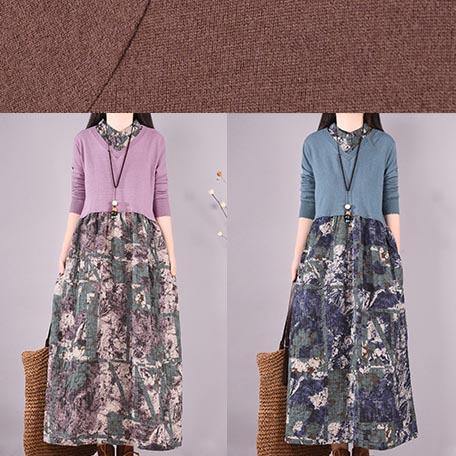Natural Patchwork Spring Clothes Fabrics Purple Print Loose Dress - bagstylebliss