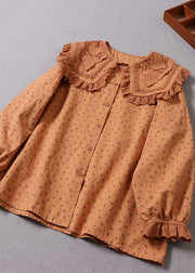 Natural Peter Pan Collar Print Cotton Shirts Spring