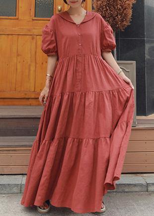 Natural Peter pan Collar Ruffles cotton Robes Tutorials red Dress - bagstylebliss