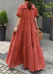 Natural Peter pan Collar Ruffles cotton Robes Tutorials red Dress - bagstylebliss