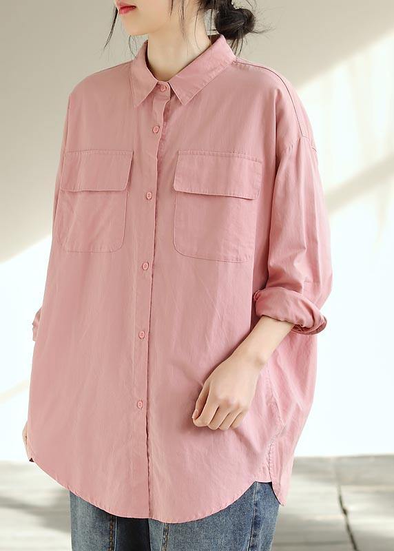 Natural Pink Crane Tops Lapel Pockets Vestidos De Lino Spring Shirts - bagstylebliss