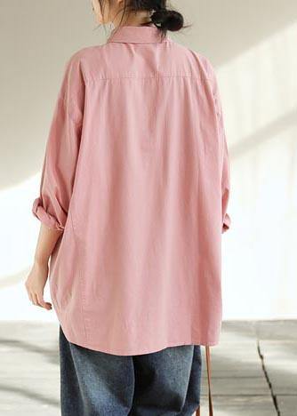 Natural Pink Crane Tops Lapel Pockets Vestidos De Lino Spring Shirts - bagstylebliss