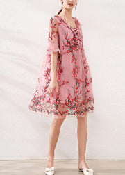 Natural Pink Embroidery Lace Bow Summer Dress - bagstylebliss