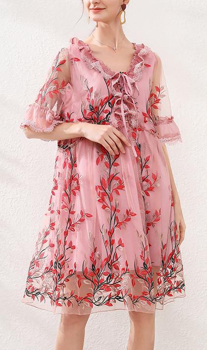 Natural Pink Embroidery Lace Bow Summer Dress - bagstylebliss