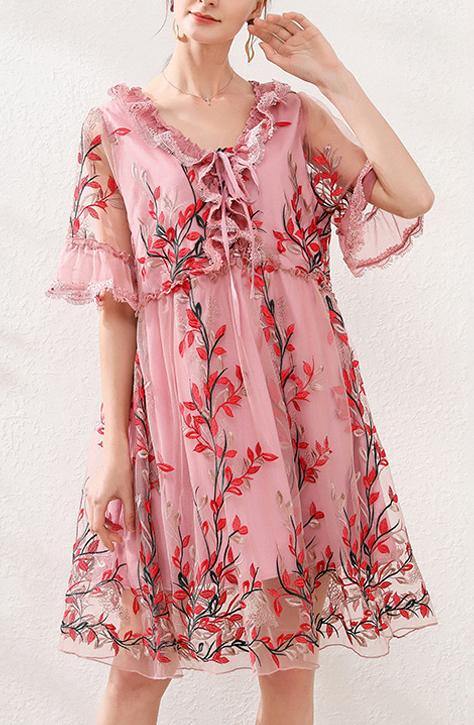 Natural Pink Embroidery Lace Bow Summer Dress - bagstylebliss