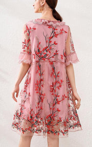 Natural Pink Embroidery Lace Bow Summer Dress - bagstylebliss