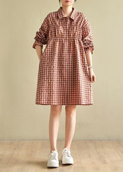 Natural Pink Plaid Cotton Cinched Spring Dresses - bagstylebliss