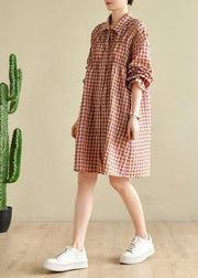 Natural Pink Plaid Cotton Cinched Spring Dresses - bagstylebliss