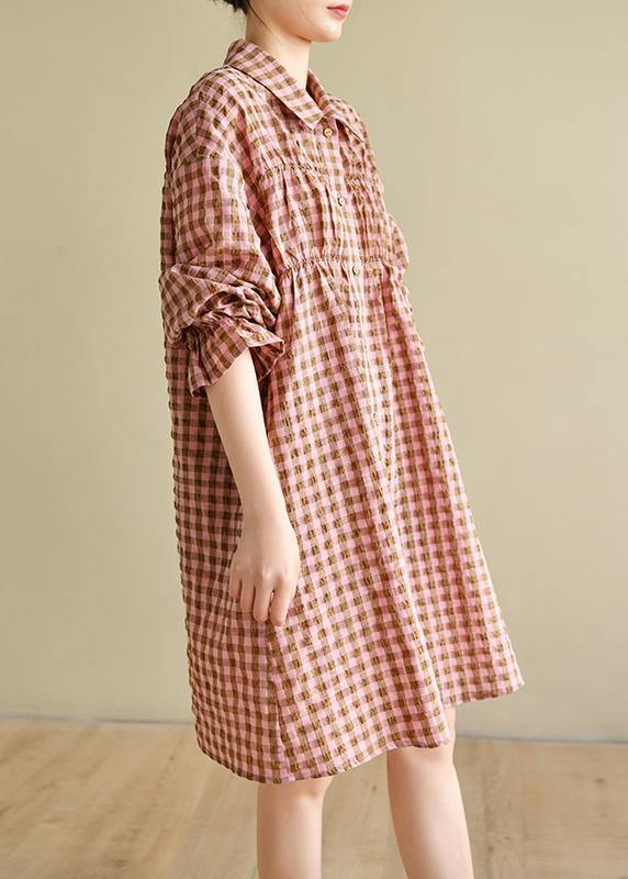 Natural Pink Plaid Cotton Cinched Spring Dresses - bagstylebliss