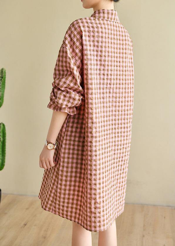 Natural Pink Plaid Cotton Cinched Spring Dresses - bagstylebliss