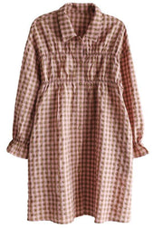 Natural Pink Plaid Cotton Cinched Spring Dresses - bagstylebliss