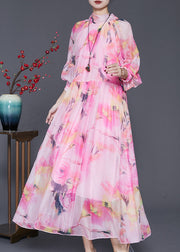 Natural Pink Print Exra Large Hem Chiffon Vacation Dress Spring