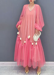 Natural Pink V Neck Tulle Patchwork Silk Velour Maxi Dress Long Sleeve