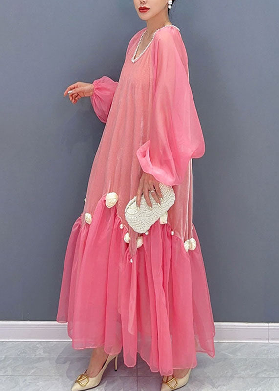 Natural Pink V Neck Tulle Patchwork Silk Velour Maxi Dress Long Sleeve