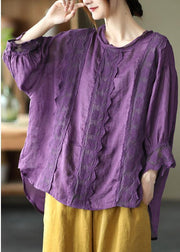 Natural Purple Hollow Out Patchwork Summer Ramie Shirt Top Long Sleeve - bagstylebliss