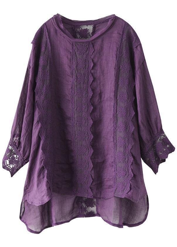 Natural Purple Hollow Out Patchwork Summer Ramie Shirt Top Long Sleeve - bagstylebliss