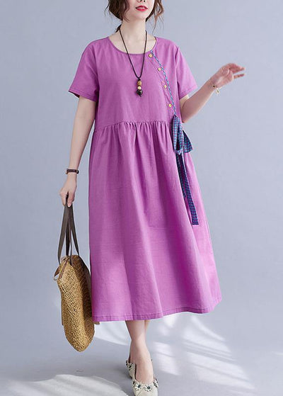 Natural Purple O-Neck Linen Summer Cotton Dress - bagstylebliss