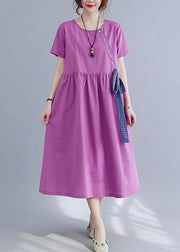 Natural Purple O-Neck Linen Summer Cotton Dress - bagstylebliss