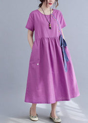 Natural Purple O-Neck Linen Summer Cotton Dress - bagstylebliss