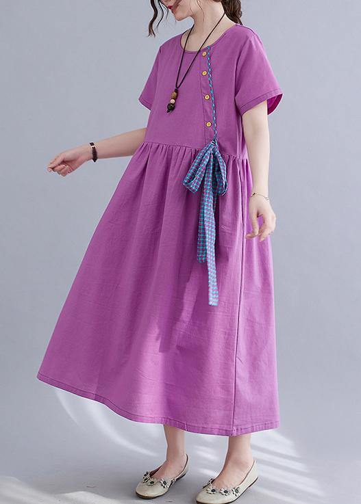 Natural Purple O-Neck Linen Summer Cotton Dress - bagstylebliss