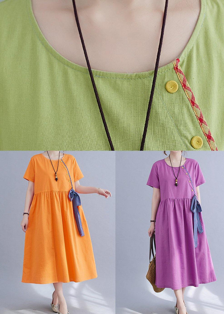 Natural Purple O-Neck Linen Summer Cotton Dress - bagstylebliss