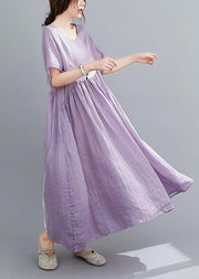 Natural Purple Pockets Short Sleeve Robe Cotton Linen Dresses - bagstylebliss