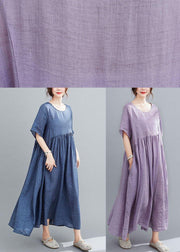 Natural Purple Pockets Short Sleeve Robe Cotton Linen Dresses - bagstylebliss