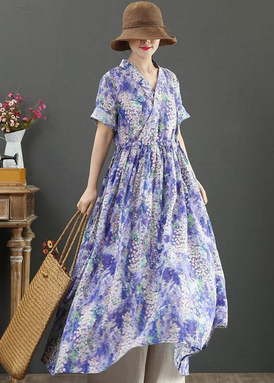 Natural Purple Print Dresses V Neck Drawstring Plus Size Summer Dresses - bagstylebliss