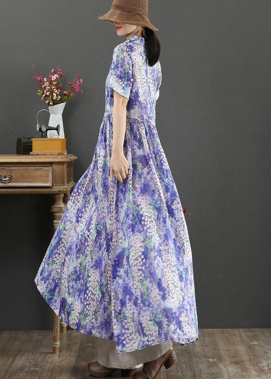 Natural Purple Print Dresses V Neck Drawstring Plus Size Summer Dresses - bagstylebliss