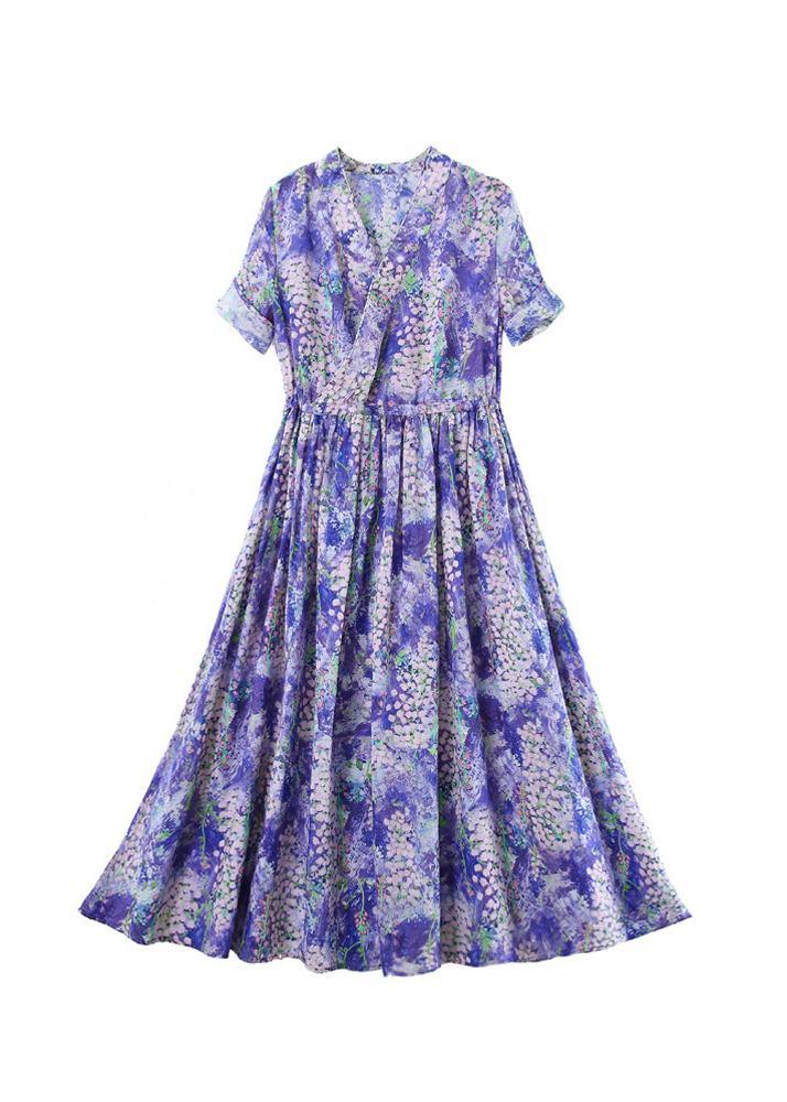 Natural Purple Print Dresses V Neck Drawstring Plus Size Summer Dresses - bagstylebliss