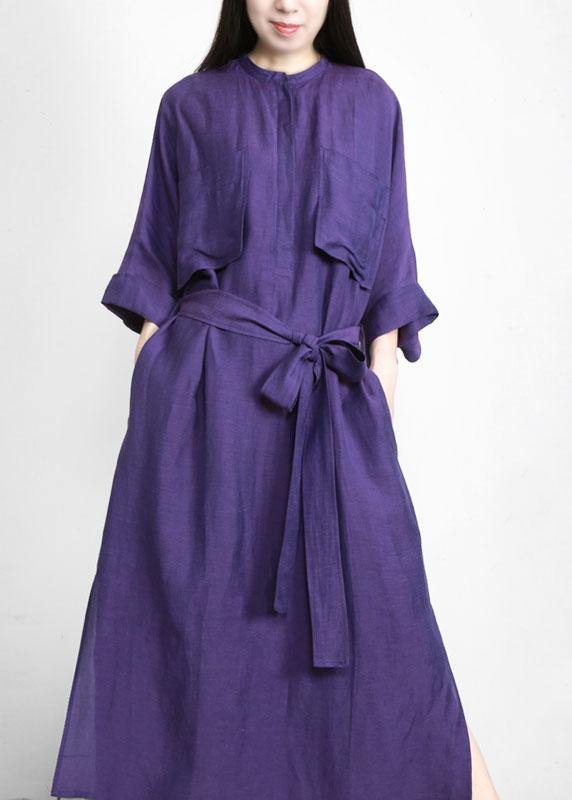 Natural Purple Tunic V Neck Pockets Holiday Linen Dress - bagstylebliss