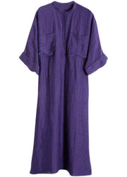 Natural Purple Tunic V Neck Pockets Holiday Linen Dress - bagstylebliss
